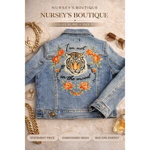 Tiger Embroidered Denim Jacket Floral Statement Y2K XS Boutique